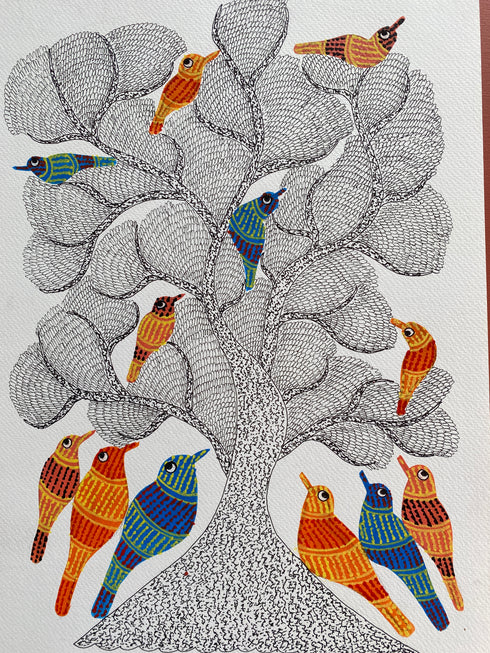 Traditional Gond wall painting of multi birds- 1 pc